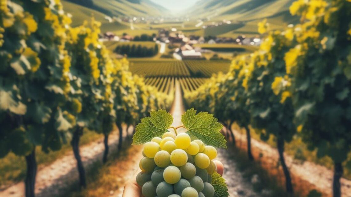 What is the most common grape variety grown in Austria - A photo of a scenic Austrian vineyard with rows of Grüner Veltliner grapes in focus. This image combines the grape variety with its origin and terroir.