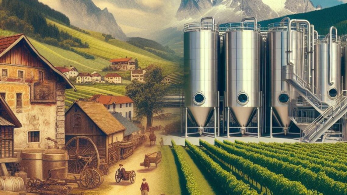 History of wine in Austria - a split-image concept. On one side, showcase a historical image representing early winemaking in Austria. On the other side, display a photo of a modern Austrian winery with stainless steel tanks or a technological innovation used in wine production today.