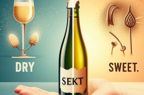 Le Sekt est-il doux ou sec ? Un concept d'image divisé. D'un côté, présentez une bouteille de Sekt avec un point d'interrogation au-dessus. De l'autre côté, les mots « sec » à « sucré ».