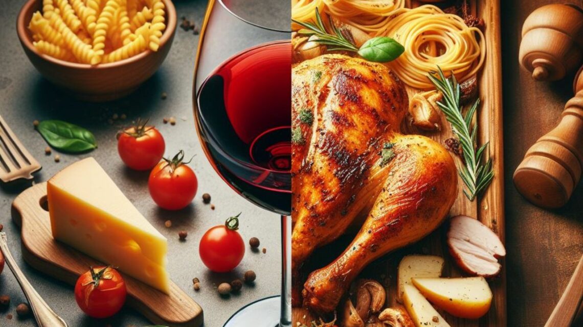 What to eat with Zweigelt wine - A split image concept. On one side, showcase a glass of Zweigelt. On the other side, display a delicious dish that pairs well with Zweigelt, like roasted chicken, pasta with tomato sauce, or a cheese platter.