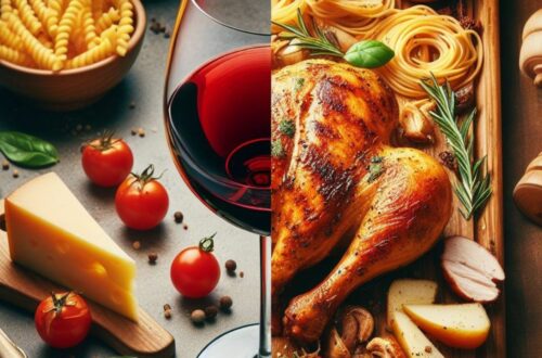 What to eat with Zweigelt wine - A split image concept. On one side, showcase a glass of Zweigelt. On the other side, display a delicious dish that pairs well with Zweigelt, like roasted chicken, pasta with tomato sauce, or a cheese platter.