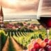 What are the red wines of Burgenland - A photo featuring a glass of red wine in the foreground with a scenic view of a Burgenland vineyard in the background.