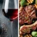 What to eat with Blaufränkisch - A split image concept. On one side, showcase a glass of Blaufränkisch. On the other side, display a delicious dish that pairs well with Blaufränkisch, like grilled lamb chops or roasted vegetables