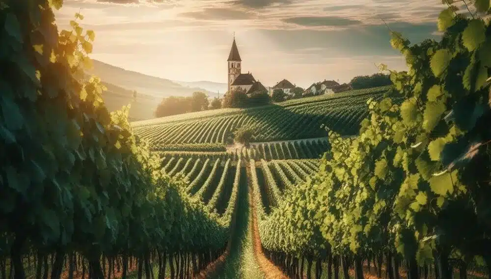 vineyard on a hill with a church on it