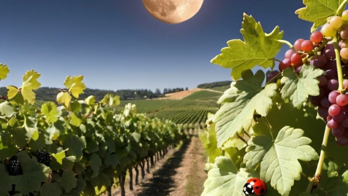 Biodynamic Winemaking In Austria - photo of a vineyard with cover crops and a ladybug on a bunch of grapes and a moon in the sky