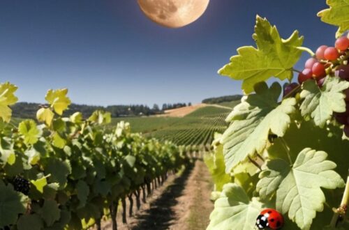 La viticulture biodynamique en Autriche - photo d'un vignoble avec des cultures de couverture et une coccinelle sur une grappe de raisin et une lune dans le ciel