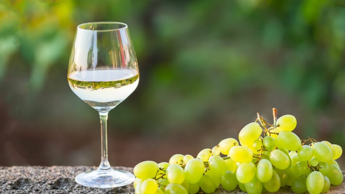 Clairette Grape Variety - picture of a glass of wine near a bunch of white grapes