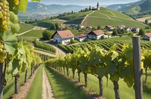 A photorealistic image of a vibrant Austrian vineyard in early summer. Lush green rows of grapevines are interspersed with colorful wildflowers and low-growing grasses. Butterflies flutter amongst the flowers, and a few ladybugs crawl on the green leaves. The rolling hills of the Austrian countryside are visible in the background, with a clear blue sky above.