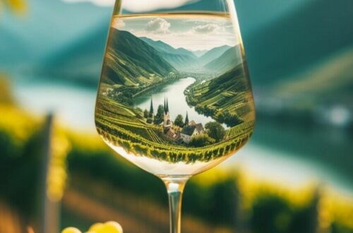 Impact of terroir on Grüner Veltliner - glass of white wine featuring Wachau landscape in the glass