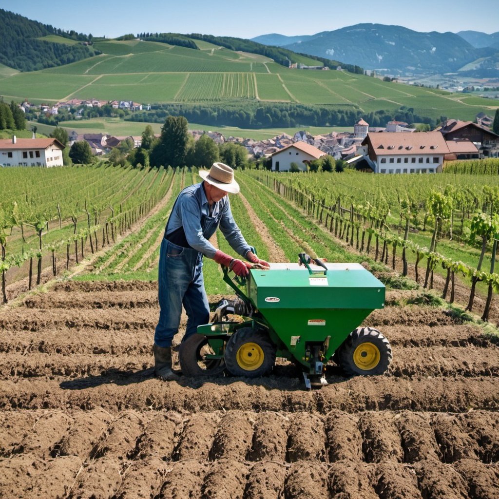 A photo of a farmer using a modern drill seeder to plant cover crops in an Austrian vineyard. The seeder should be attached to a tractor and be depositing seeds into rows of freshly tilled soil. The farmer can be wearing overalls and a hat, and the background can show rolling hills with grapevines in the distance.