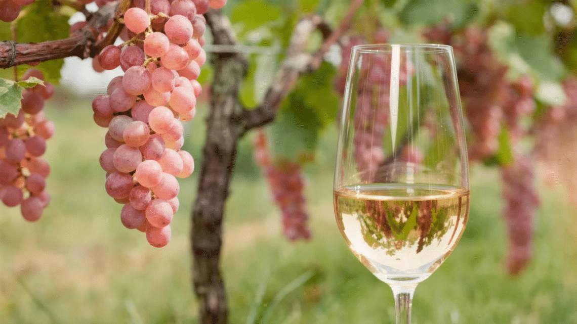 un verre de vin Koshu près d'une grappe de Koshu sur une vigne
