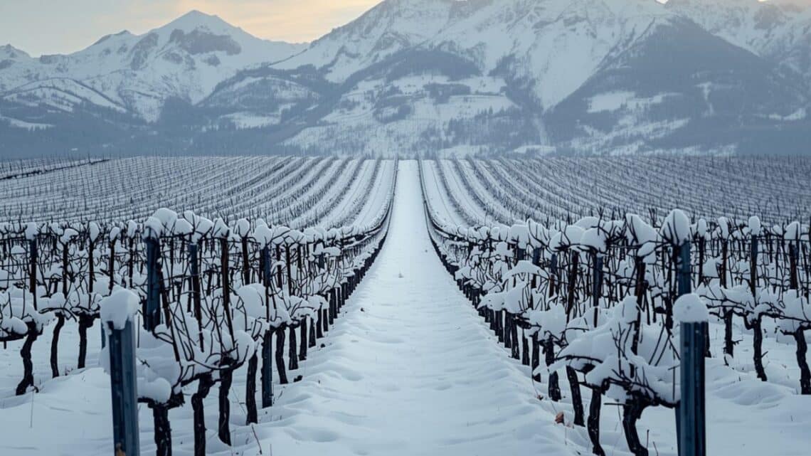 Un vignoble enneigé en hiver, des rangées de vignes dénudées enfouies sous une épaisse couche de neige, des montagnes majestueuses en arrière-plan, une douce lumière matinale, des tons froids et feutrés, un style photographique cinématographique, un plan large de paysage.