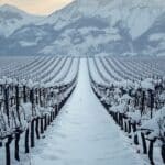A snow-covered vineyard in winter, rows of bare vines buried under heavy snow, dramatic mountains in the background, soft morning light, muted cool tones, cinematic photography style, wide landscape shot